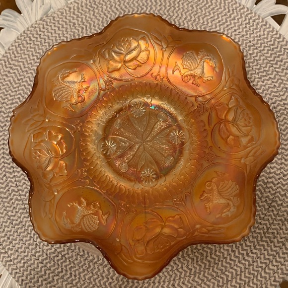 Vintage Fenton Marigold Lotus and Dragon Iridescent glass bowl dish EUC